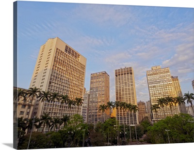 View of the Anhangabau Park and buildings in city centre, Sao Paulo, Brazil