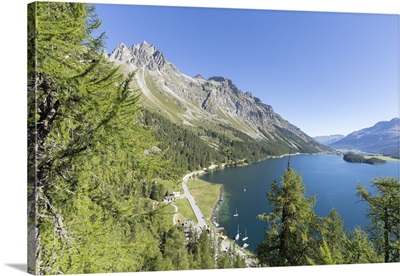 View of the blue Lake Sils from Plaun da Lej, Switzerland