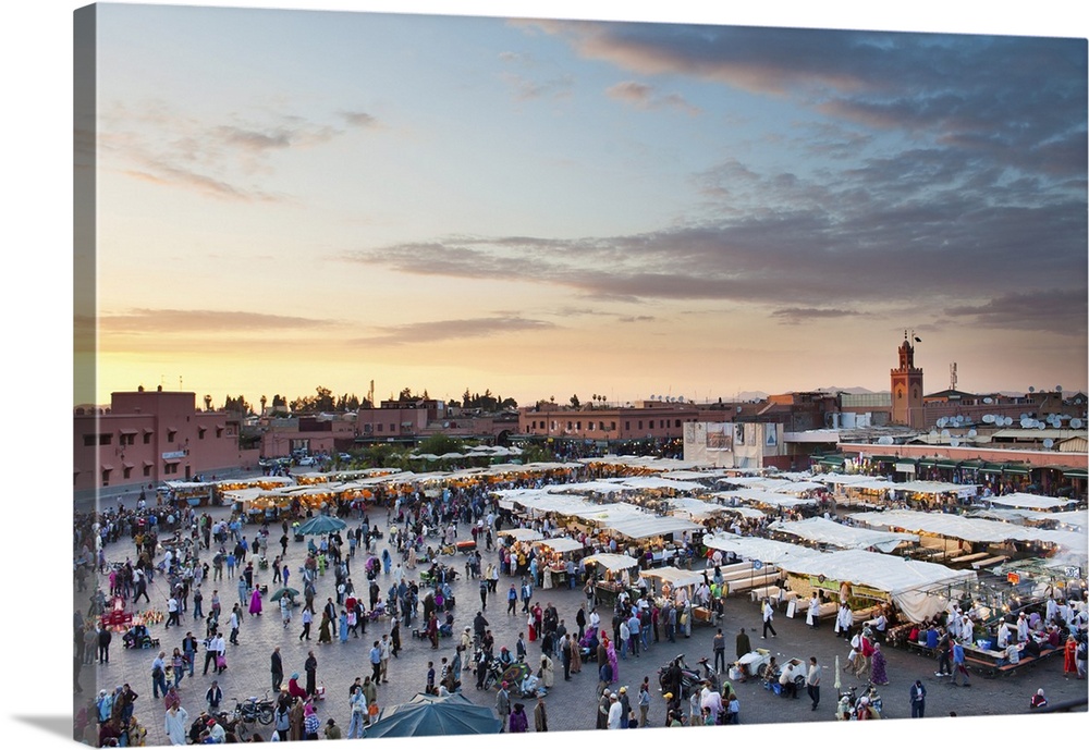 View of the Djemaa el Fna at sunset, Marrakech, Morocco, North Africa, Africa