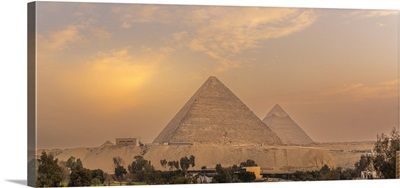 View Of The Giza Pyramids From Rooftop Terrace During Golden Hour, Giza, Cairo, Egypt