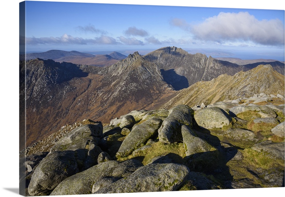 View of the Northern Mountains from the top of Goatfell, Isle of Arran, North Ayrshire, Scotland, United Kingdom, Europe