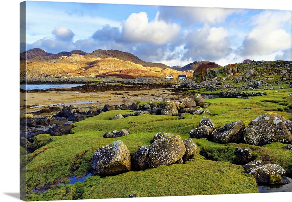 A view of the shore and hills of Portuairk, Sanna Bay along the Ardnamurchan coast in the Scottish Highlands, Scotland