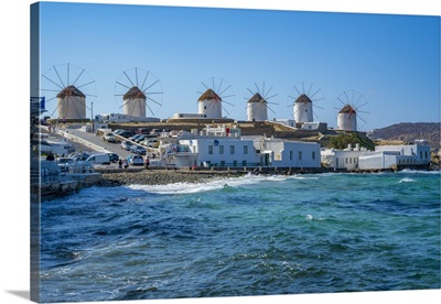 View Of The Windmills In Mykonos Town, Mykonos, Cyclades Islands, Aegean Sea, Greece