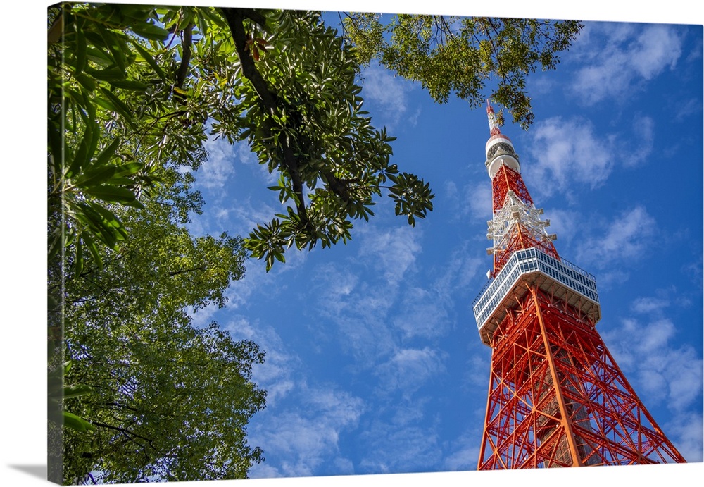 View of Tokyo Tower from its base against blue sky, Shibakoen, Minato City, Tokyo, Honshu, Japan