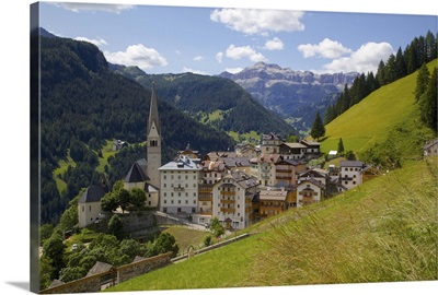 View of village and church, La Plie Pieve, Belluno Province, Dolomites, Italy