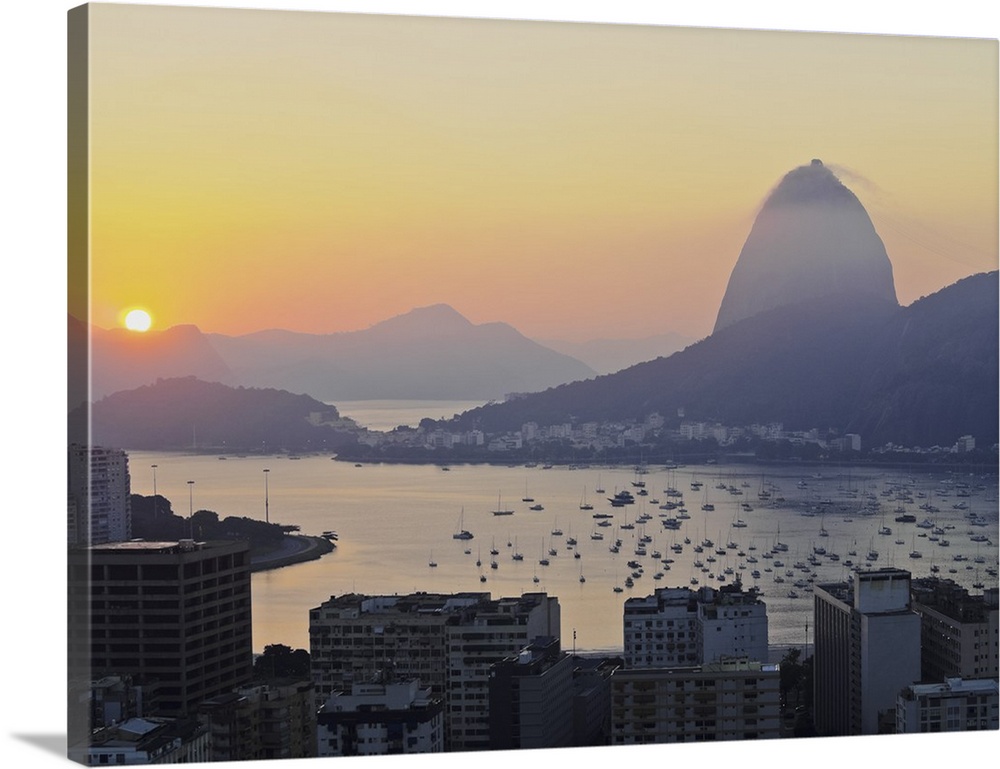 View over Botafogo Neighbourhood towards the Sugarloaf Mountain at sunrise, Rio de Janeiro, Brazil, South America