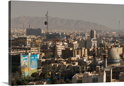View over buildings from city centre towards Alborz Mountains, Tehran, Iran