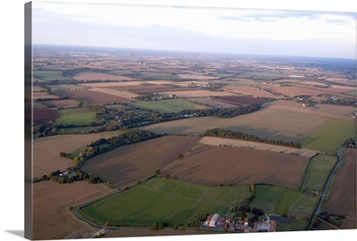View over Essex farmland from a hot air balloon, Essex, England, United Kingdom, Europe