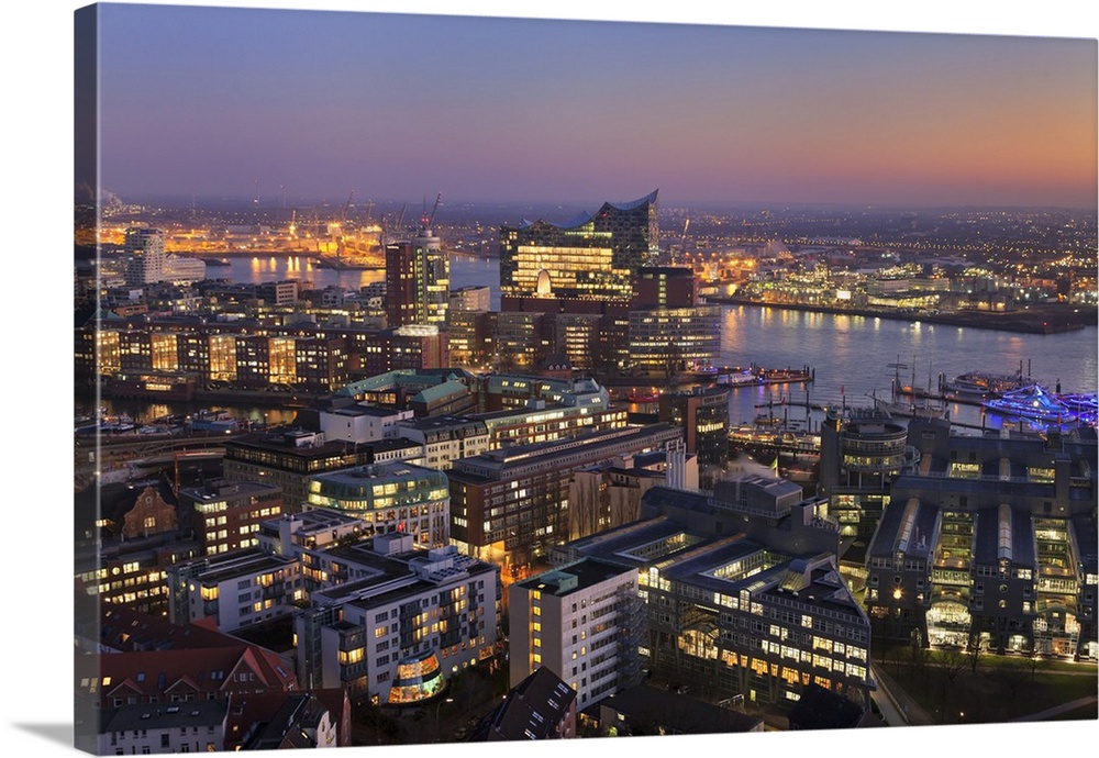 View over HafenCity and Elbphilharmonie at sunset, Hamburg, Hanseatic City, Germany