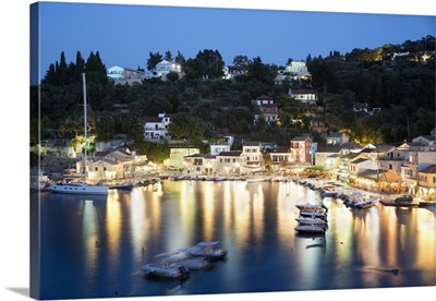 View over harbour at night, Loggos, Paxos, Ionian Islands, Greek Islands, Greece