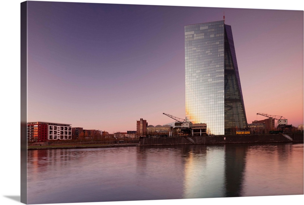 View over Main River to European Central Bank, Frankfurt, Hesse, Germany, Europe