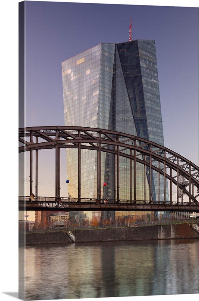 View over Main River to European Central Bank, Frankfurt, Hesse, Germany, Europe