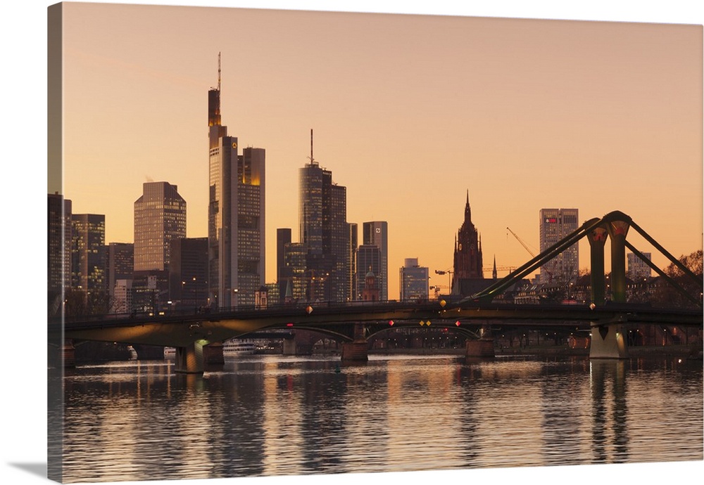 View over Main River to Floesserbruecke bridge and financial district, Frankfurt, Hesse, Germany, Europe