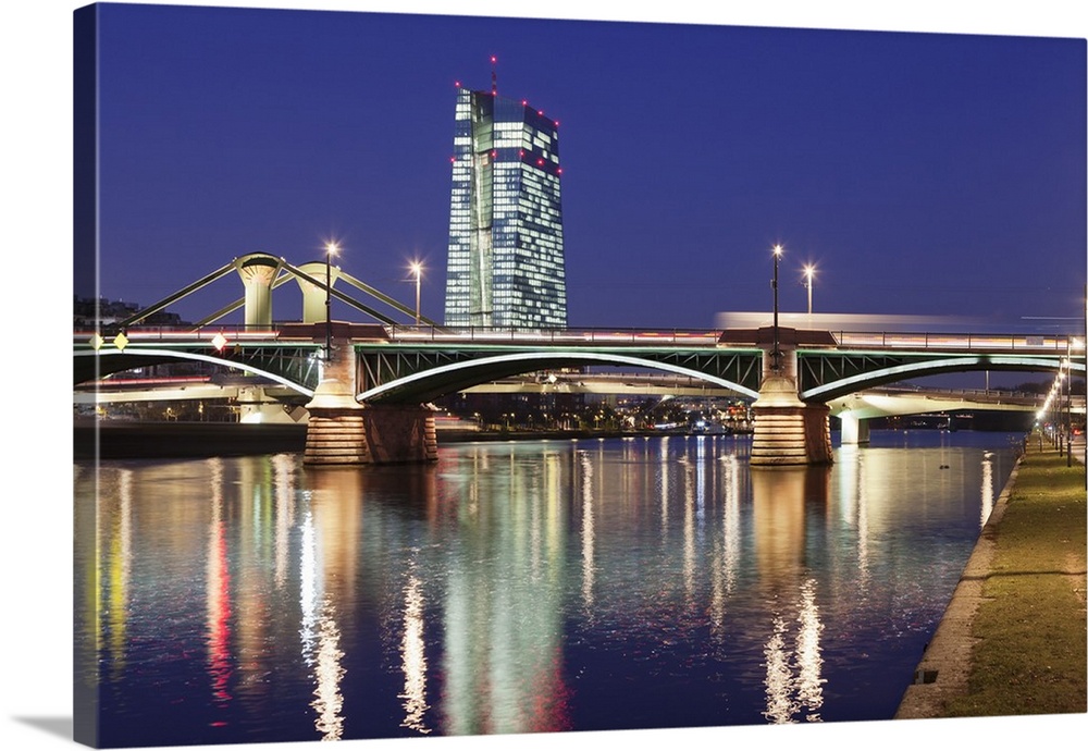 View over Main River to Ignatz Bubis Bridge and European Central Bank, Frankfurt, Hesse, Germany, Europe