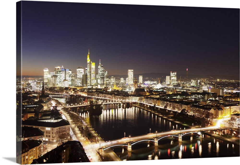 View over Main River to Ignatz Bubis Bridge financial district skyline, Frankfurt, Hesse, Germany, Europe