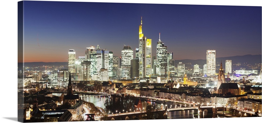 View over Main River to the financial district skyline, Kaiserdom cathedral, Paulskirche church, Frankfurt, Hesse, Germany...