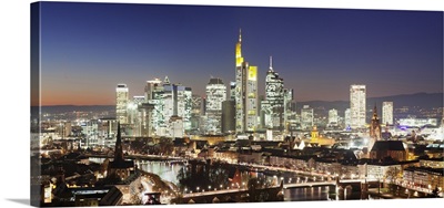 View over Main River to the financial district skyline, Germany