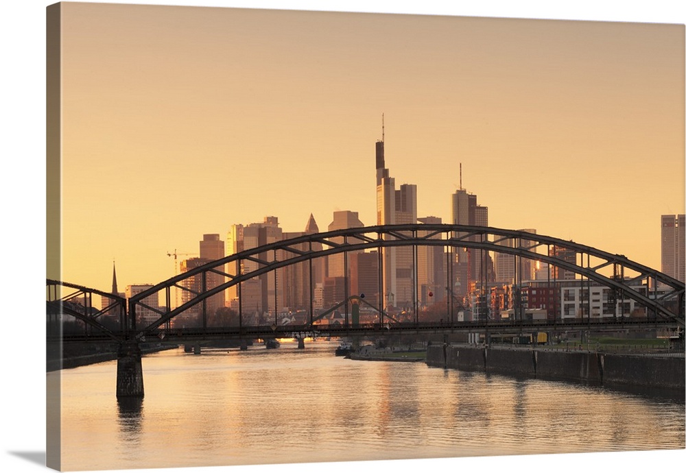 View over Main River to the financial district, skyline of Frankfurt, Hesse, Germany, Europe