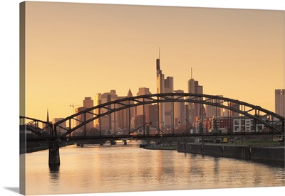 View over Main River to the financial district, skyline of Frankfurt, Hesse, Germany