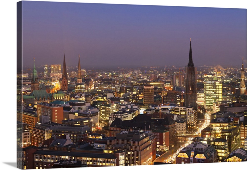 View over the city center at night, Hamburg, Hanseatic City, Germany