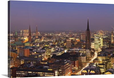 View over the city center at night, Hamburg, Hanseatic City, Germany