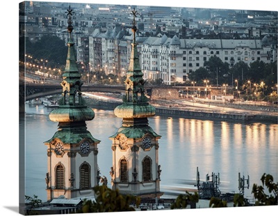 View Over The River Danube At Night In Budapest, Hungary