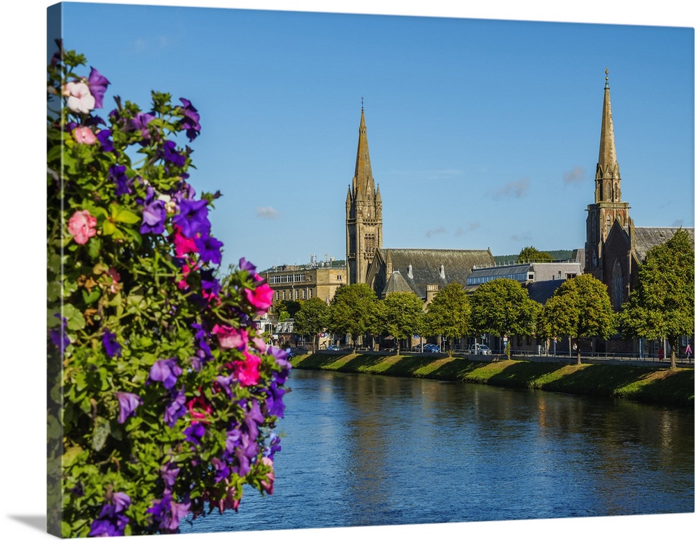 View over the River Ness towards the St. Columba and Free North Churches, Inverness, Highlands, Scotland, United Kingdom, ...