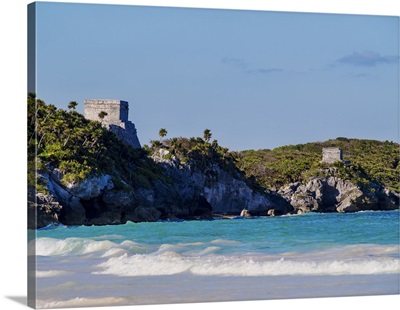View Towards El Castillo And Temple Of The God Of Wind, Tulum, Quintana Roo, Mexico