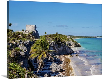 View Towards El Castillo And Temple Of The God Of Wind, Tulum, Quintana Roo, Mexico