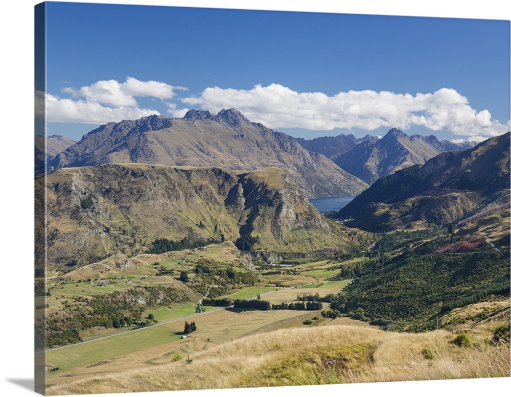 View towards Lake Wakatipu from the Coronet Peak road, Queenstown, Queenstown-Lakes district, Otago, South Island, New Zea...