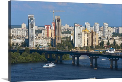 View towards Patona Bridge and Berezniaky over the Dnipro River, Kiev, Ukraine