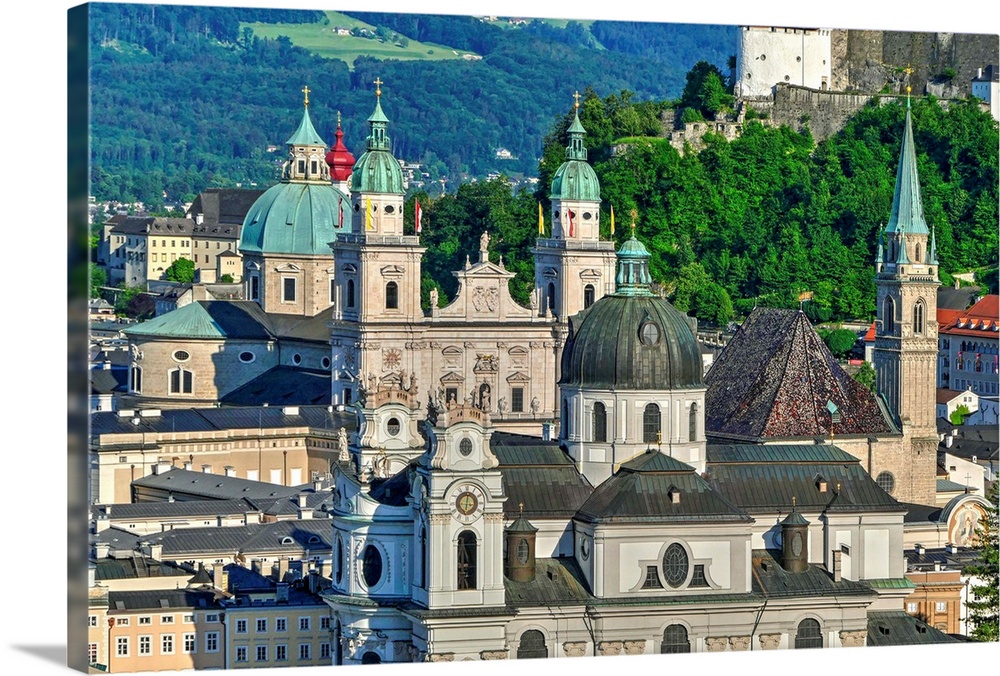 View towards Salzburg Cathedral, Collegiate Church and Fortress Hohensalzburg, Salzburg, Austria