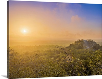 View Towards Structure I At Sunrise, Calakmul Archaeological Site, Campeche, Mexico