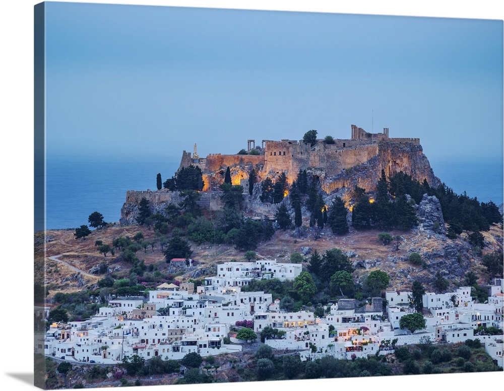 View towards the Acropolis of Lindos at dusk, Rhodes Island, Dodecanese, Greek Islands, Greece, Europe