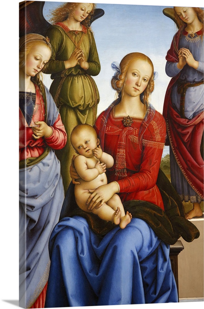 Virgin with Child flanked by two angels by Pietro Vannucci, painted 1490, Pais, France, Europe.