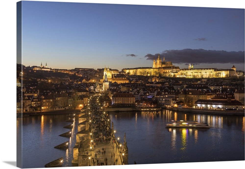 Vltava River and Charles Bridge at dusk, Prague, Czech Republic