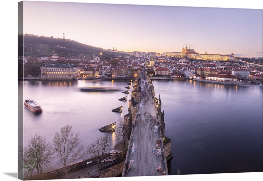 Vltava River and Charles Bridge at sunset, Prague, Czech Republic