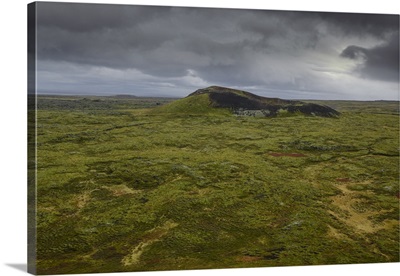 Volcanic crater and moss-covered lava fields on the Snaefellsness Peninsula, Iceland