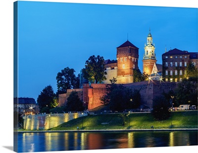 Wawel Royal Castle and Vistula River at twilight, Cracow, Poland