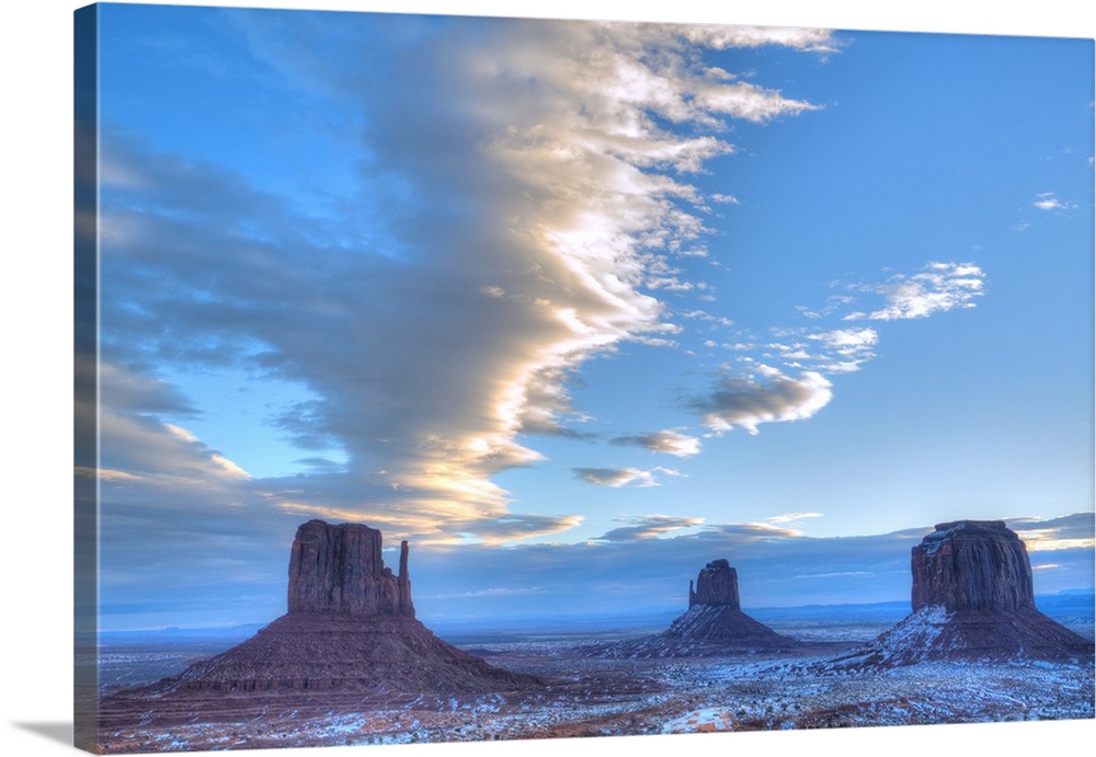 Sunrise, West Mitten Butte on left, East Mitten Butte in centre and Merrick Butte on right, Monument Valley Navajo Tribal ...