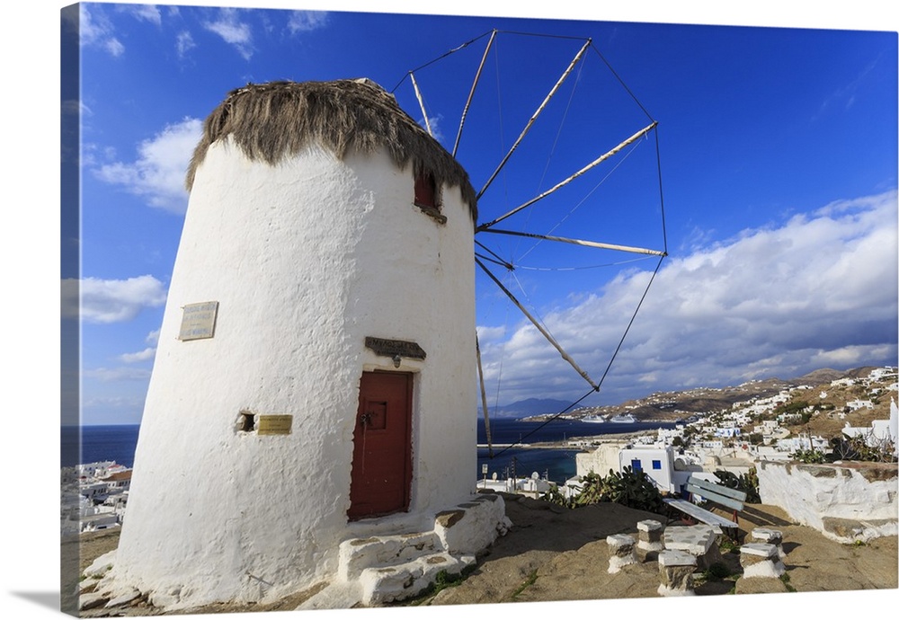 Whitewashed windmill, view of Mykonos Town and cruise ships in distance, Mykonos, Cyclades, Greek Islands, Greece