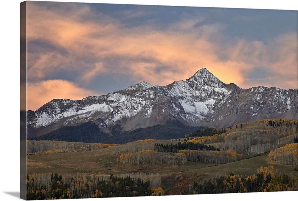 Wilson Peak at dawn with a dusting of snow in the fall, Uncompahgre National Forest, Colorado, United States of America, N...