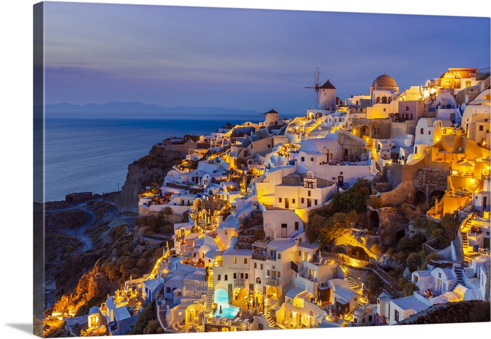 Windmill and traditional houses after sunset, Oia, Santorini (Thira), Cyclades Islands, Greek Islands, Greece, Europe
