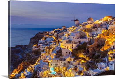 Windmill And Traditional Houses After Sunset, Oia, Santorini, Cyclades Islands, Greece