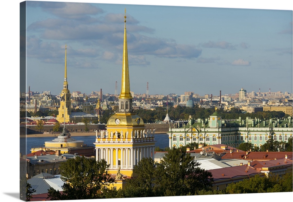 Overview of the Winter Palace, the Admiralty, and the St. Peter and Paul Fortress along the banks of the Neva River, St. P...