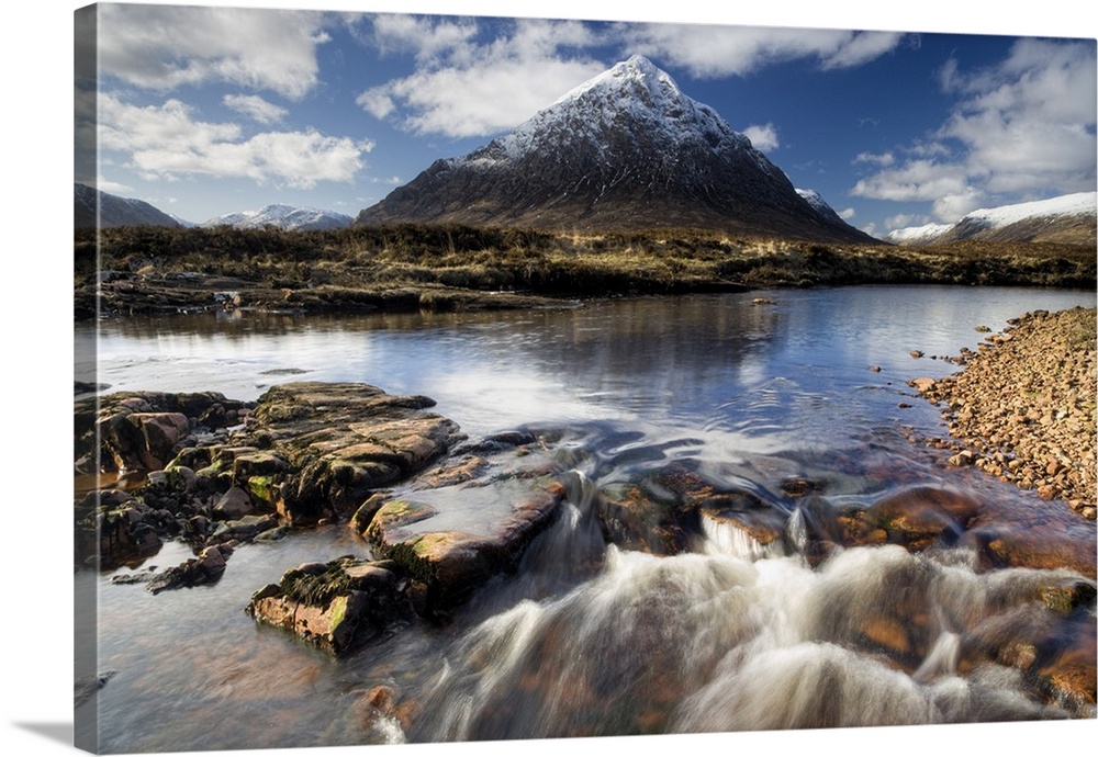 Winter view over River Etive towards snow-capped mountains, Rannoch Moor, Scotland
