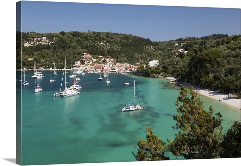 Yachts anchored in bay, Lakka, Paxos, Ionian Islands, Greek Islands, Greece, Europe