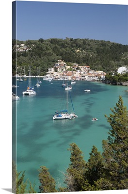 Yachts anchored in bay, Lakka, Paxos, Ionian Islands, Greek Islands, Greece