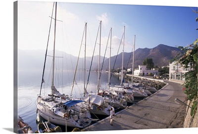 Yachts, Livadhia, island of Tilos, Dodecanese, Greece, Europe