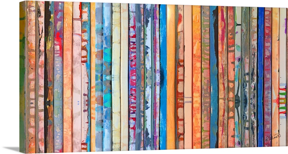Contemporary abstract painting of slatted bars with vibrant colors.